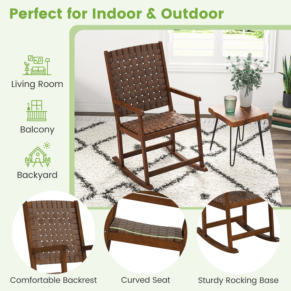 Brown patio wood rocking chair with PU leather seat, sturdy frame, perfect for indoor and outdoor relaxation.