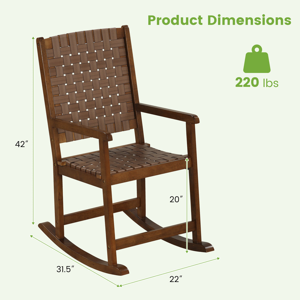 Brown patio wood rocking chair with PU seat, featuring a sturdy rubber wood frame, ideal for indoor and outdoor.