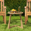 Round teak wood side table with slatted tabletop and triangle base, perfect for outdoor relaxation and stability.