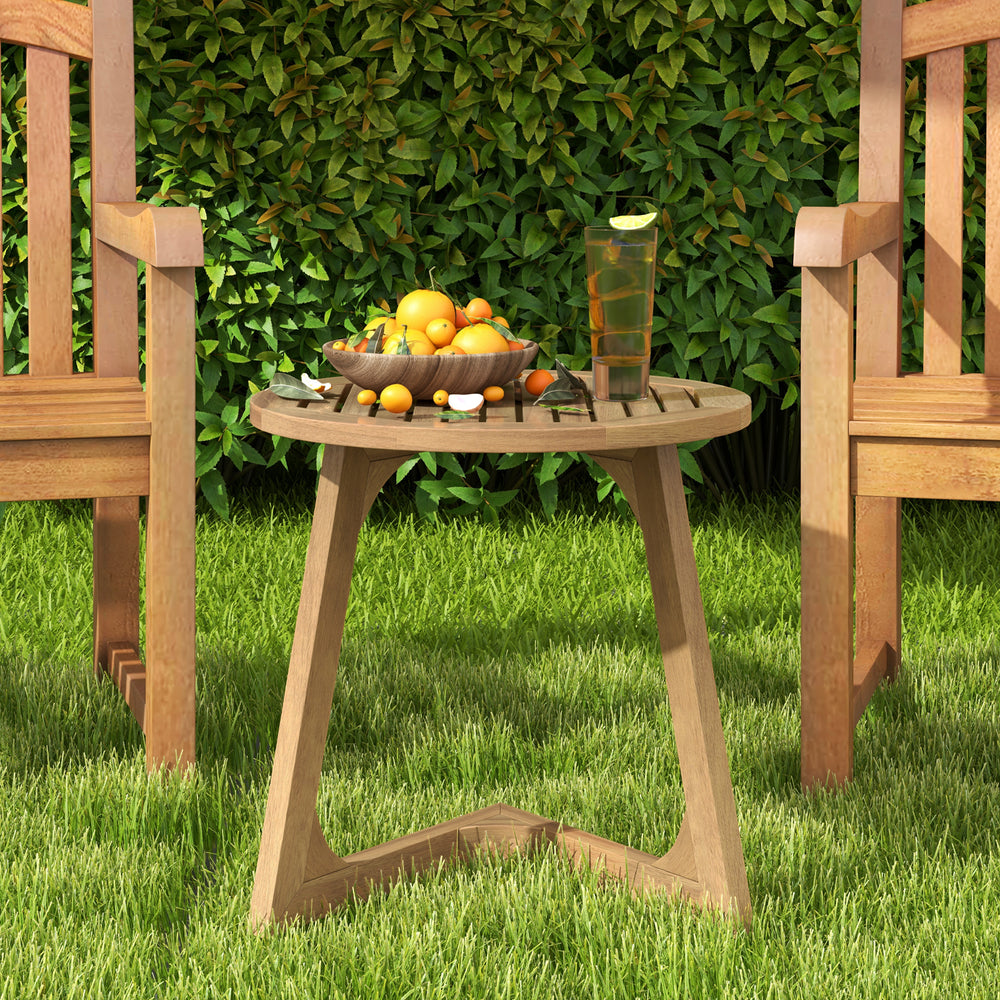 Round teak wood side table with slatted tabletop and triangle base, perfect for outdoor relaxation and stability.