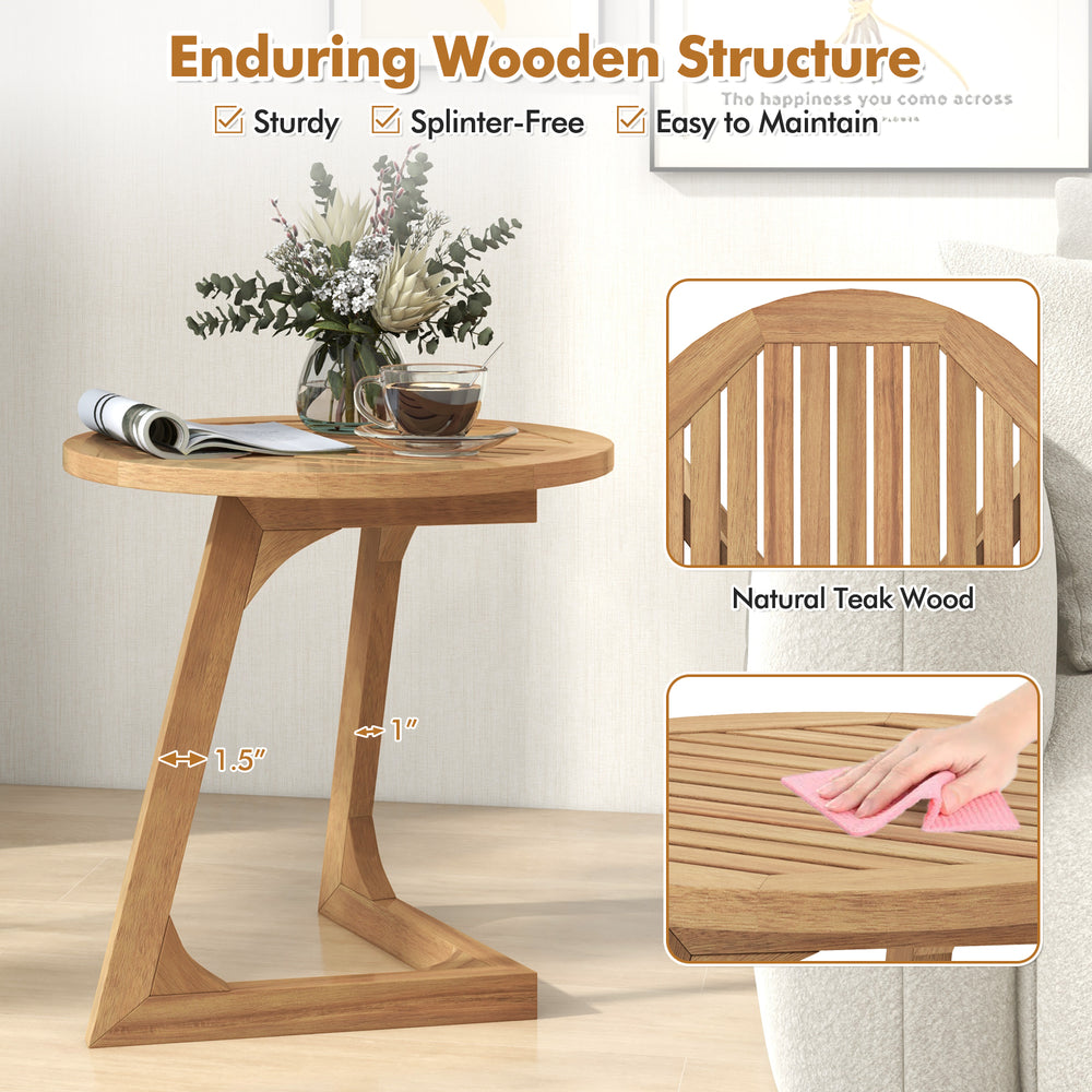 Round teak wood side table with slatted tabletop and triangle base, ideal for indoor and outdoor use.
