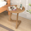 Round teak wood side table with slatted tabletop and triangle base, ideal for indoor or outdoor use.