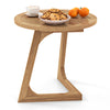 Round teak wood side table with slatted tabletop, featuring a triangle base, ideal for indoor and outdoor use.