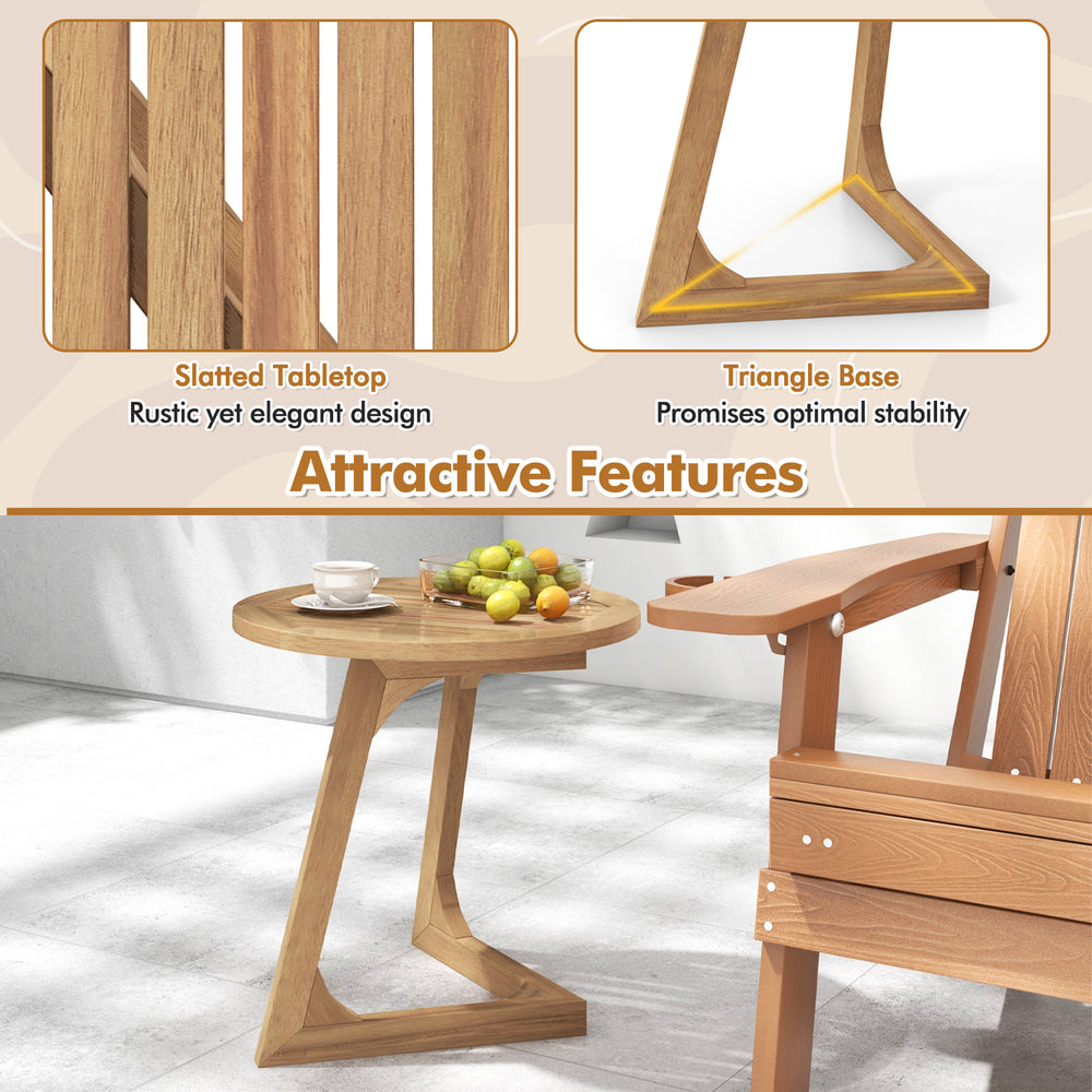 Teak wood side table with slatted tabletop and triangle base, ideal for indoor or outdoor use, offering stability and.