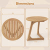 Round teak wood side table with slatted tabletop and triangle base, ideal for indoor and outdoor use. Dimensions shown.