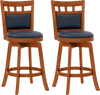 Set of 2 wood swivel bar stools with faux leather upholstered seats, ergonomic backrest, and convenient footrest for comfort.