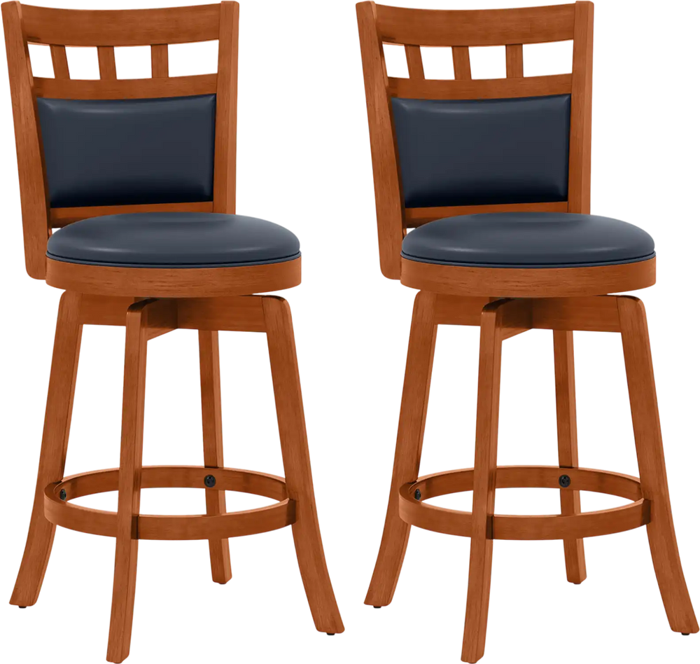 Set of 2 wood swivel bar stools with faux leather upholstered seats, ergonomic backrest, and convenient footrest for comfort.