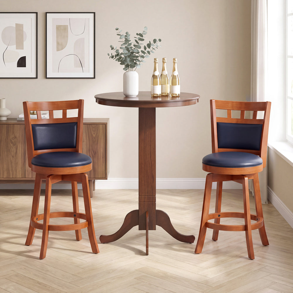 Set of 2 wood swivel bar stools with faux leather seats, ergonomic backrests, and a convenient footrest for comfort.