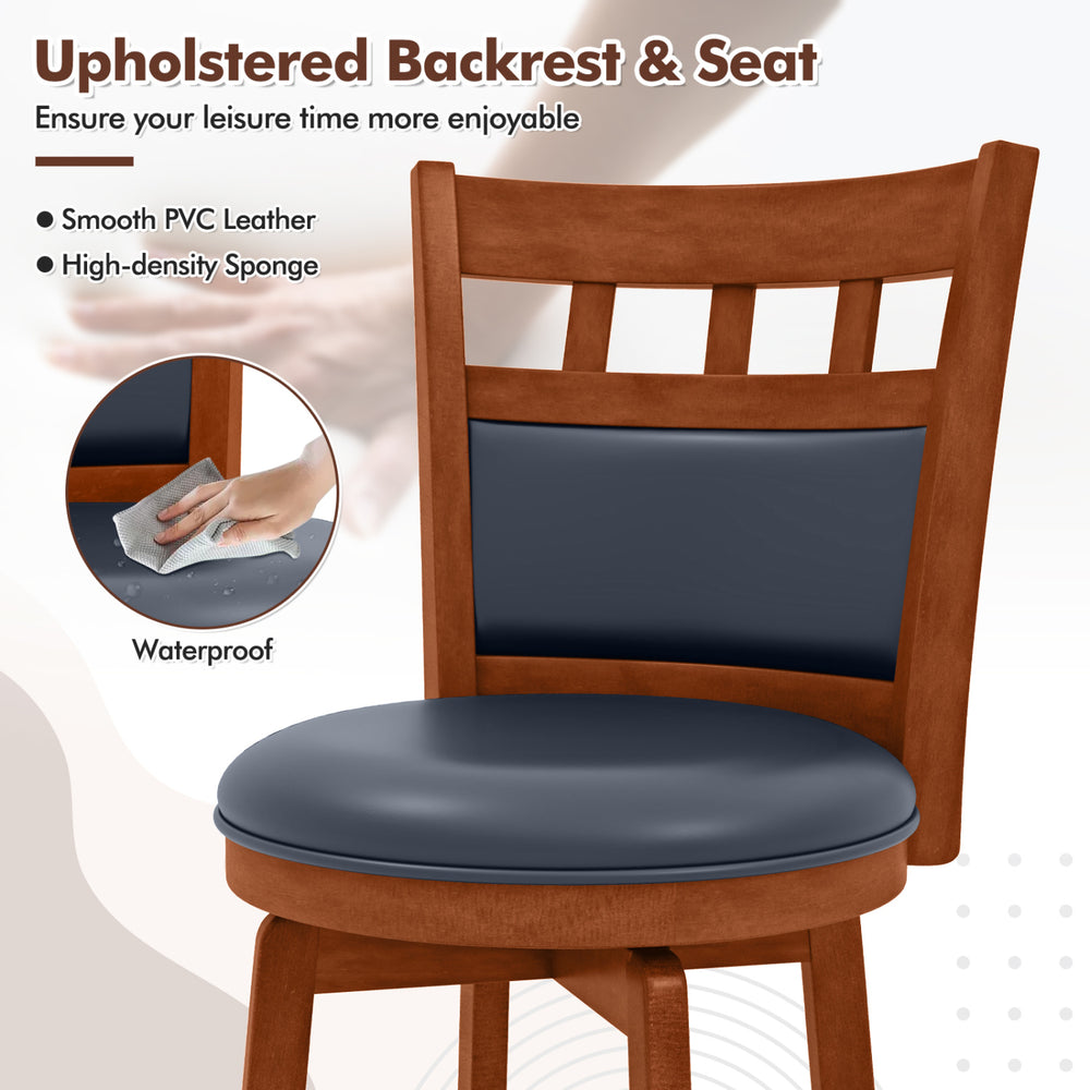 Wood swivel bar stool with faux leather upholstered seat and backrest, featuring a 360° swivel for flexible seating.
