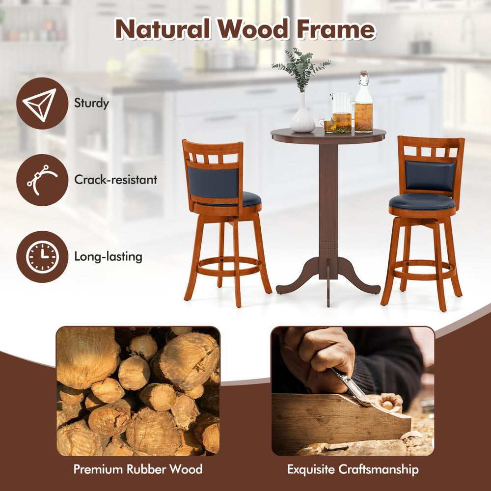 Wood swivel bar stools set of 2 with faux leather upholstery, ergonomic backrest, and 360° swivel for comfortable seating.