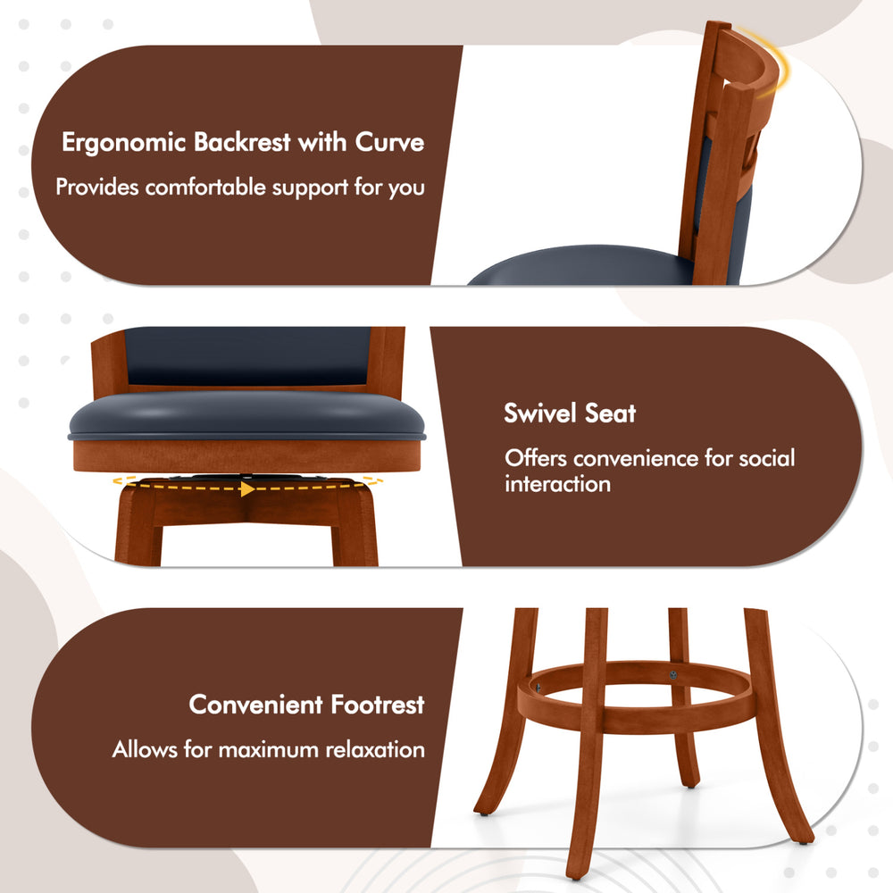Wood swivel bar stool set of 2 features ergonomic backrest, faux leather upholstery, and convenient footrest for relaxation.