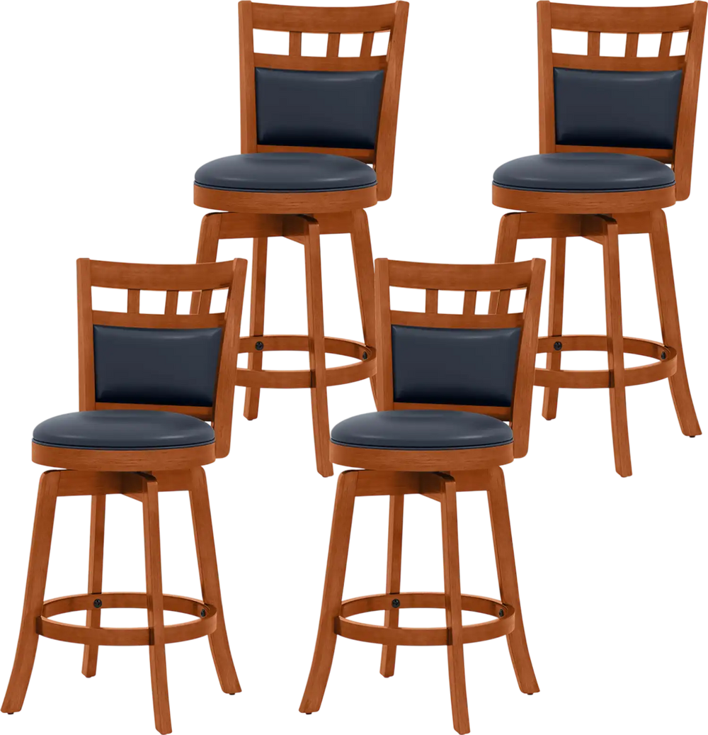Set of 4 wood swivel bar stools with faux leather upholstered seats and ergonomic backrests for comfortable seating.