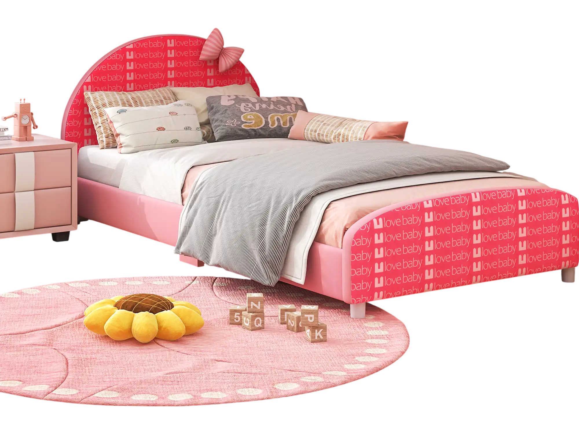 Costway Twin Wood Upholstered Platform Bed Pink Slat Support 92831765 New