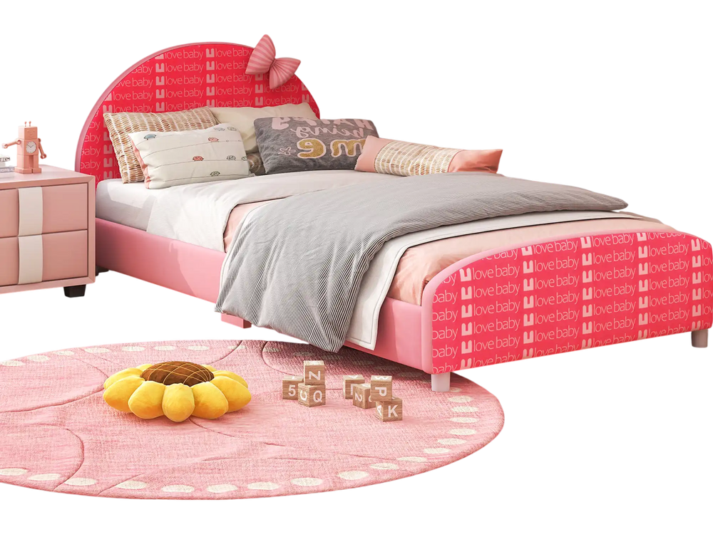 Wood upholstered twin bed platform in pink with padded headboard and slat support, perfect for kids transitioning from.