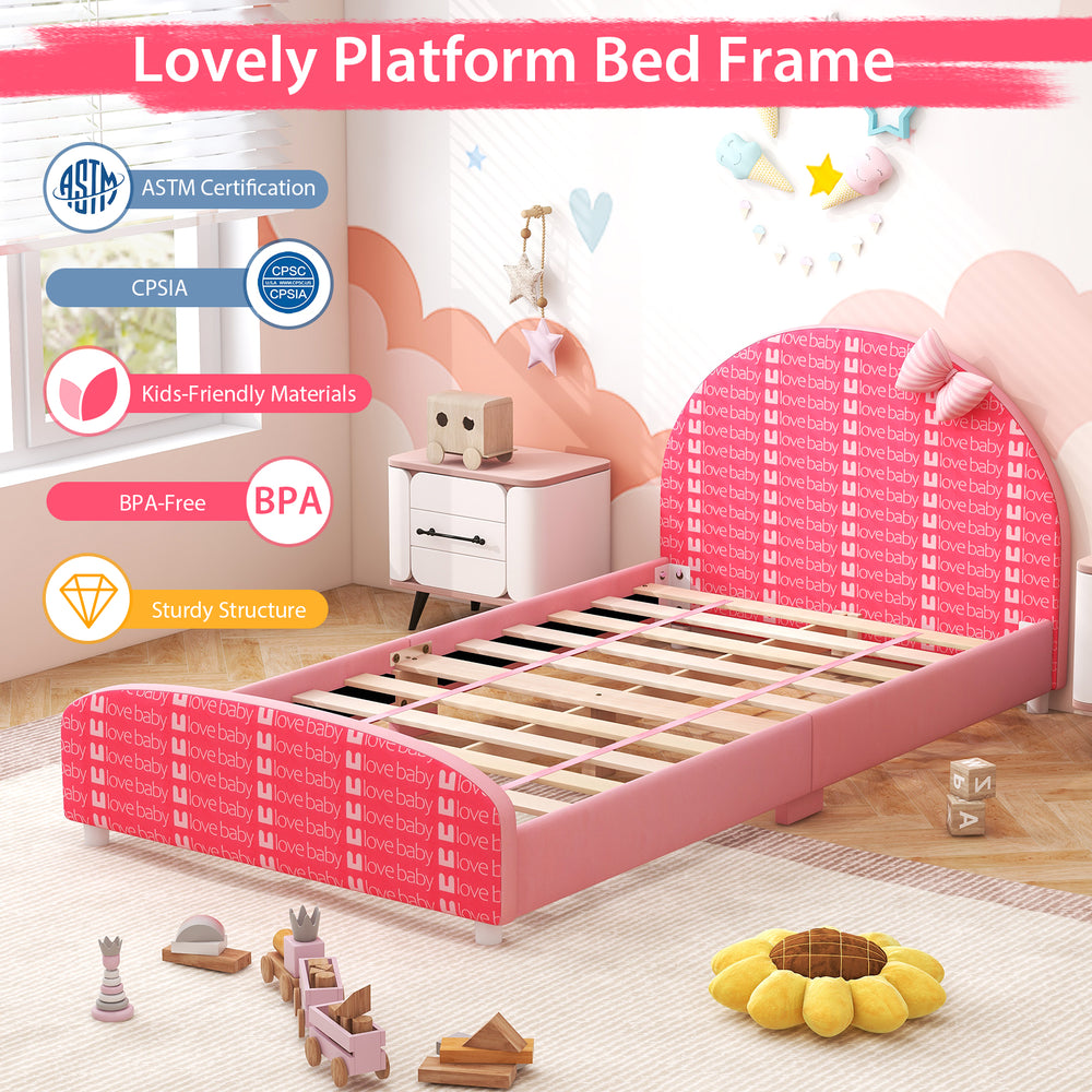 Wood upholstered twin bed platform in pink with slat support, ideal for kids transitioning from crib to bed.