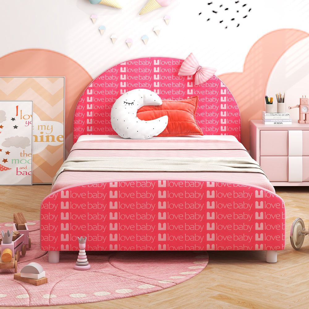 Wood upholstered twin bed platform in pink with cute patterns, designed for kids' safety and comfort, featuring slat.