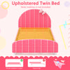 Upholstered twin bed platform in pink with slat support, designed for kids' safety and comfort, ideal for transitioning.