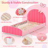 Wood upholstered twin bed platform in pink with sturdy wooden slats and smooth arc edges, ideal for kids' safety and.