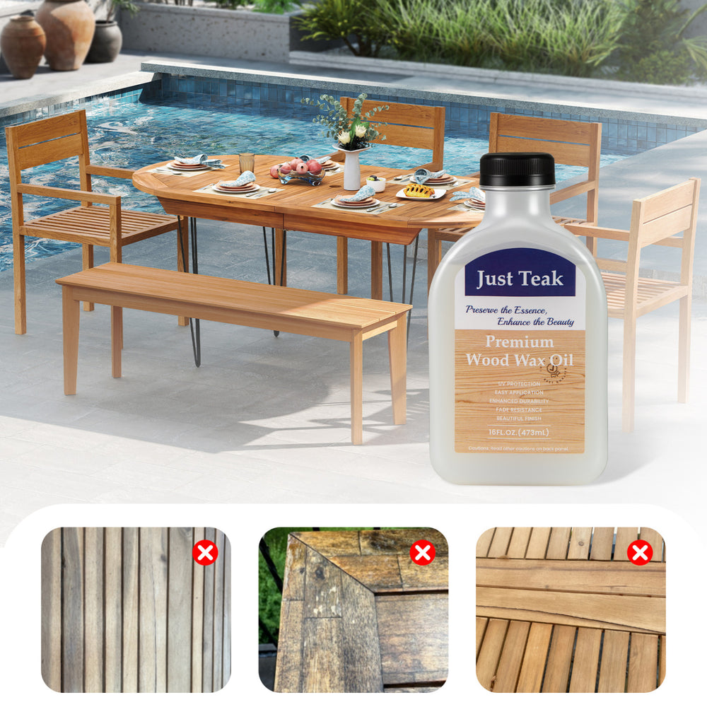Wood oil cleaner and brightener in a 16 oz bottle, ideal for restoring and enhancing outdoor and indoor furniture.