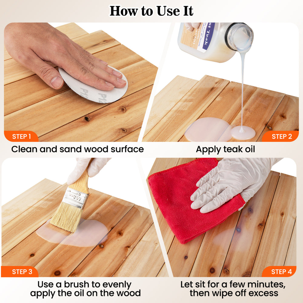 Step-by-step guide showing application of 16 oz wood oil cleaner and brightener on wooden surfaces for restoration.