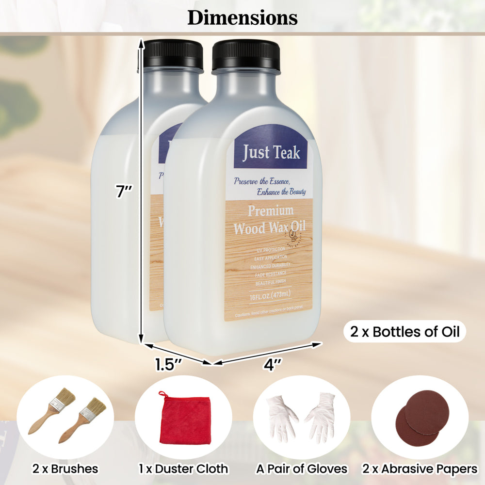 Two bottles of 16 oz wood oil cleaner and brightener with brushes, gloves, and duster cloth for easy application.