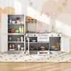 Wooden kids kitchen playset with fridge, oven, and running water features, designed for imaginative play and skill.