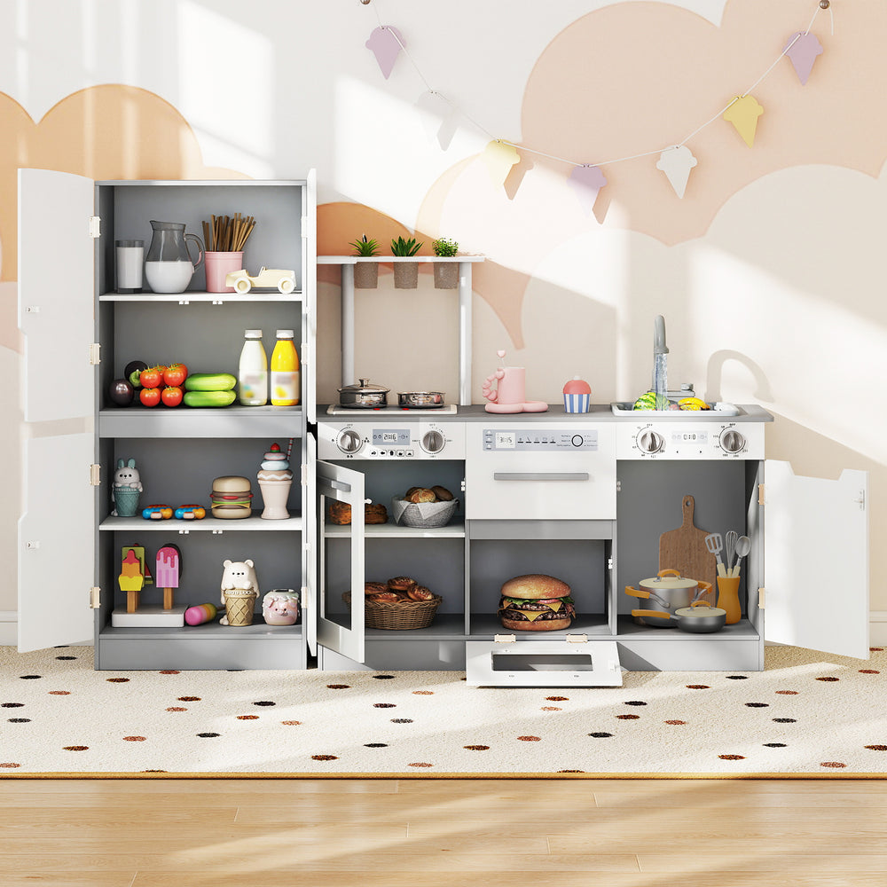 Wooden 2 Piece Kids Kitchen Playset with Fridge and Running Water-Gray - Gallery View 1 of 14