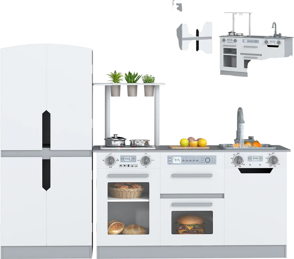 Wooden kids kitchen playset with fridge, running water, and realistic features for imaginative play and skill.