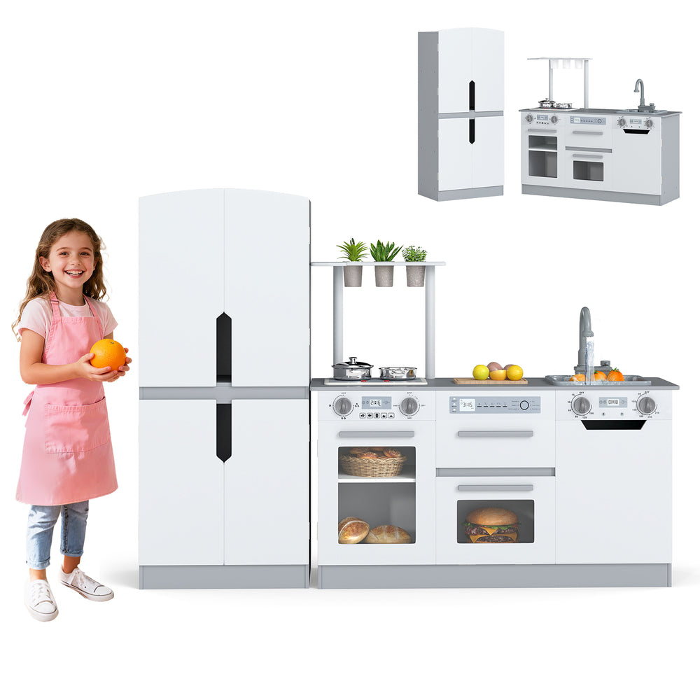 Gray wooden kids kitchen playset with fridge and running water, including realistic lights and sounds for engaging play.