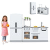 Gray wooden kids kitchen playset with fridge and running water, including realistic lights and sounds for engaging play.