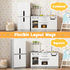 Wooden 2-piece kids kitchen playset with fridge, featuring combined and separate layout options for imaginative play.