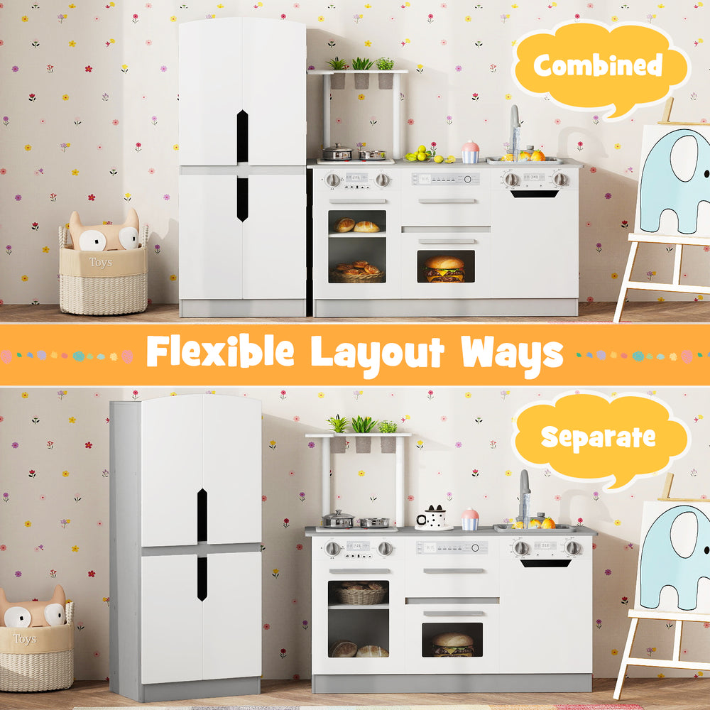 Wooden 2-piece kids kitchen playset with fridge, featuring combined and separate layout options for imaginative play.