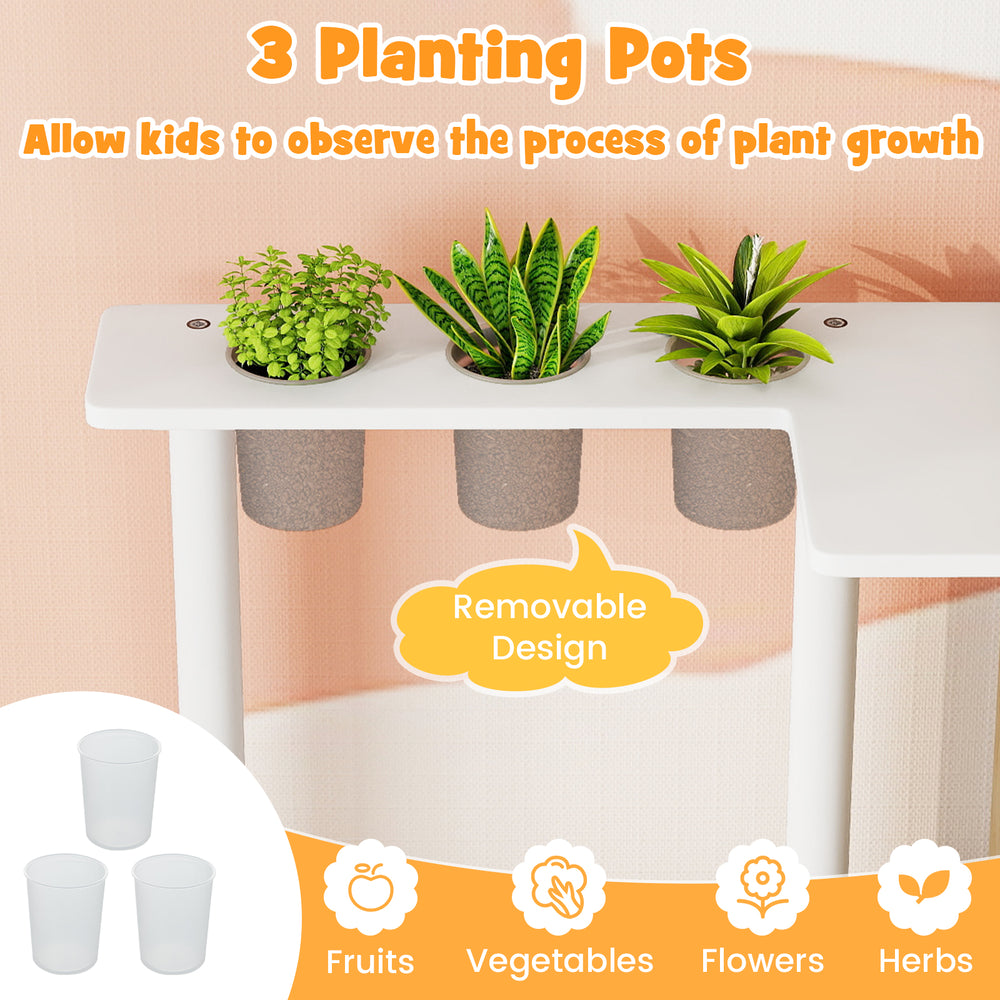 Wooden kids kitchen playset with fridge, running water, and 3 planting pots for educational fun and skill development.