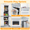 Wooden kids kitchen playset featuring fridge, oven, microwave, and dishwasher for imaginative play and skill.