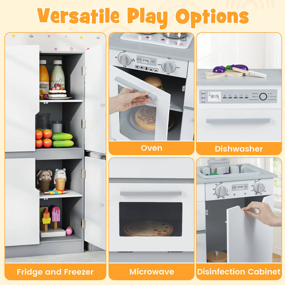 Wooden kids kitchen playset featuring fridge, oven, microwave, and dishwasher for imaginative play and skill.