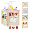 Wooden activity cube with dessert theme, featuring shape matching blocks and a pretend kitchen for toddlers 18+ months.
