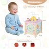 Wooden activity cube with removable blocks for toddlers, featuring a pretend kitchen and hidden storage for organized.