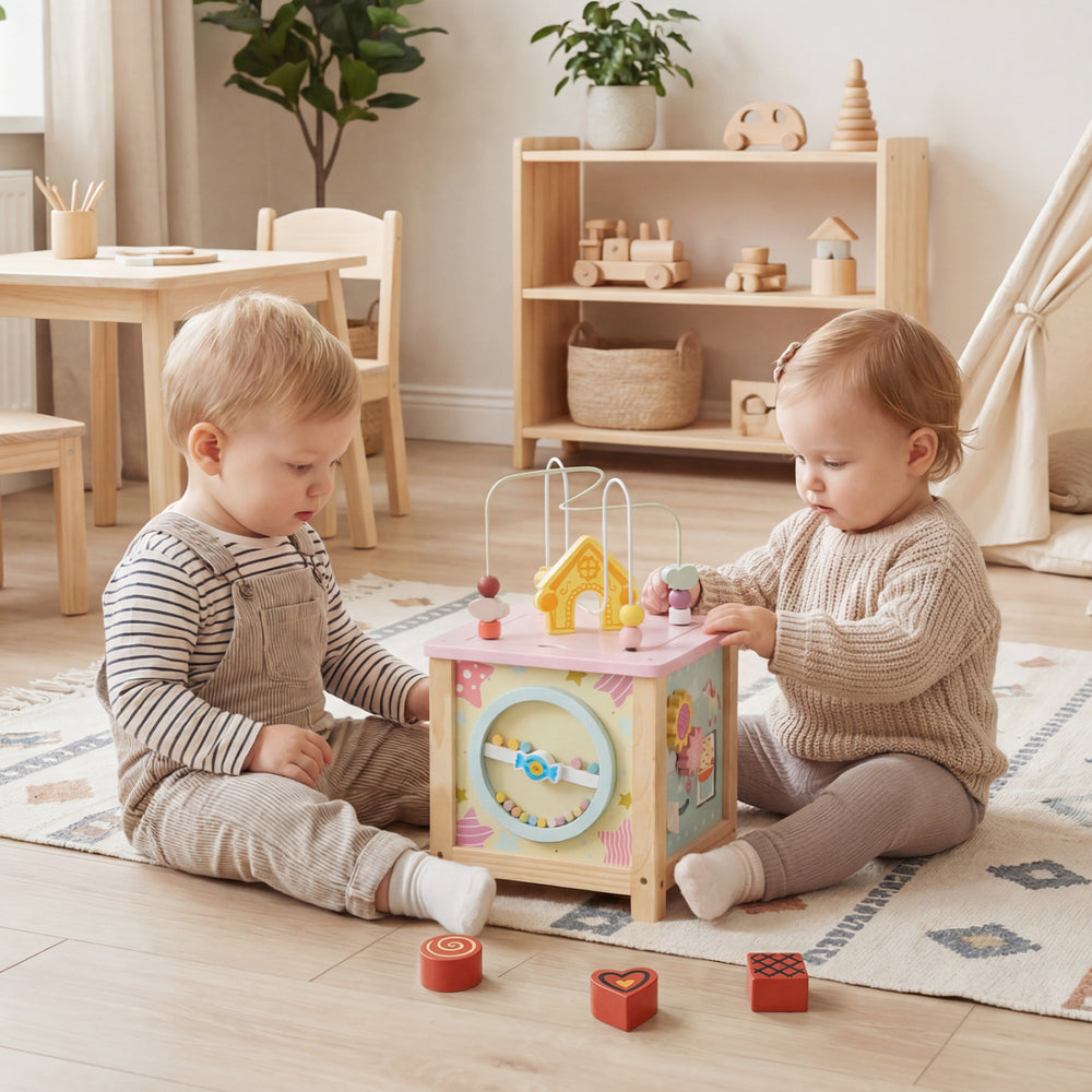 Wooden activity cube with sensory toys, featuring shape matching blocks and a pretend kitchen, perfect for toddlers.