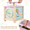 Wooden activity cube with removable flip-over top, featuring a dessert theme and convenient cutout handle for toddlers.