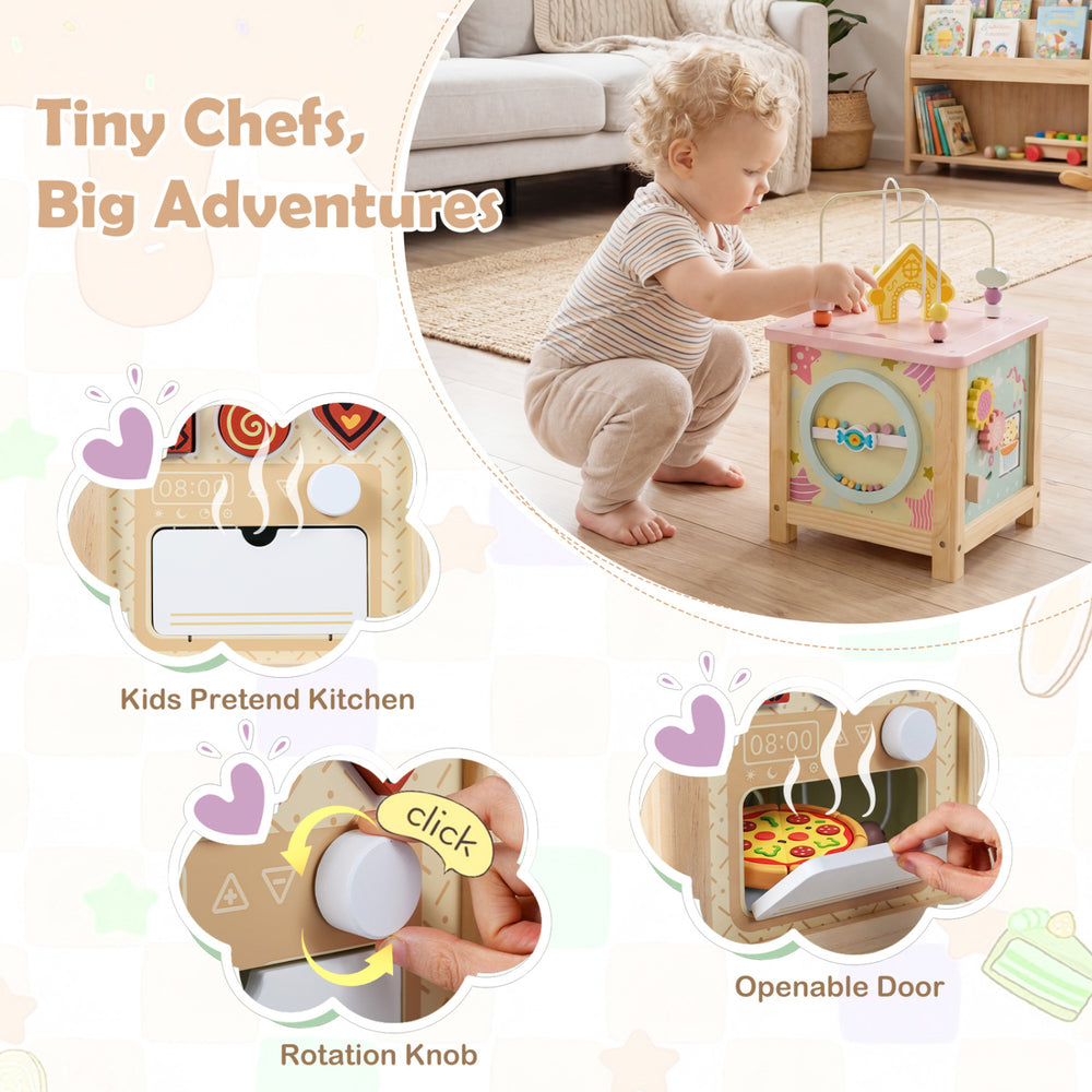 Wooden activity cube featuring a pretend kitchen, rotation knob, and openable door for toddlers' sensory play.