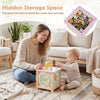 Wooden activity cube with hidden storage, featuring sensory toys and a pretend kitchen for toddlers aged 18 months and.