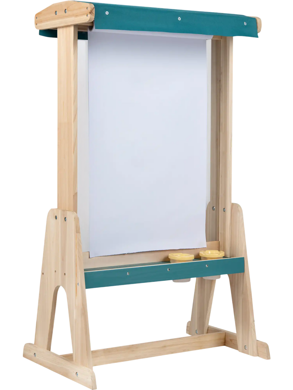 Wooden art easel for kids with a fir wood frame, detachable paper roll holder, and storage trays for art tools.
