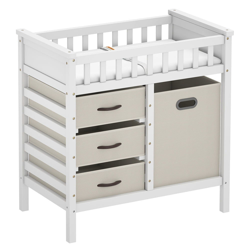 Wooden baby changing table with 3 beige fabric drawers and a removable changing pad, ideal for secure diaper changes.