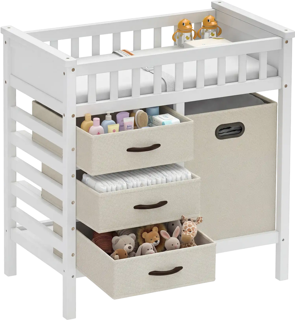 Wooden baby changing table with 3 beige fabric storage drawers and a removable waterproof changing pad for secure.