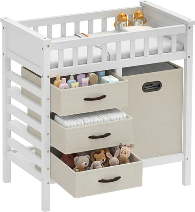 Costway Wooden Baby Changing Table Diaper Station w/ 3 Fabric Drawers 93907405 New