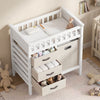 Wooden baby changing table with 3 beige fabric storage drawers and removable waterproof changing pad for secure diaper.
