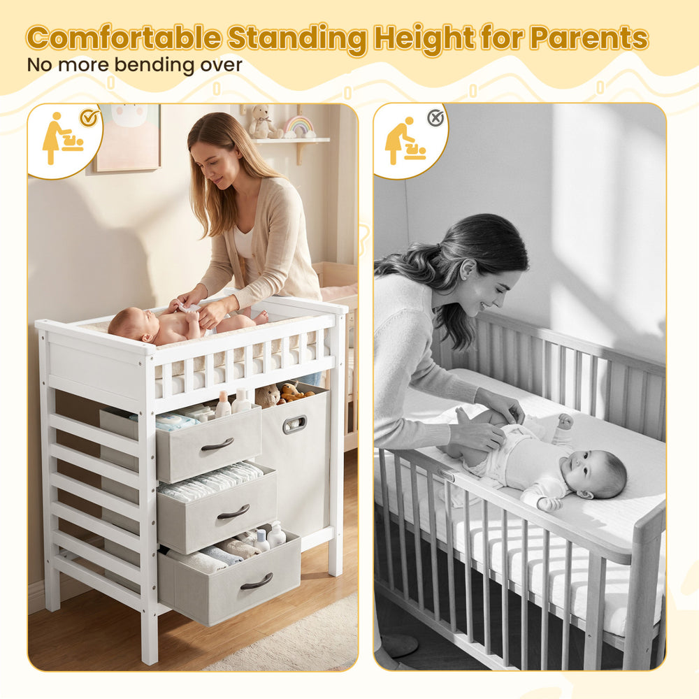 Wooden baby changing table with 3 fabric storage drawers, featuring a comfortable standing height for easy diaper.