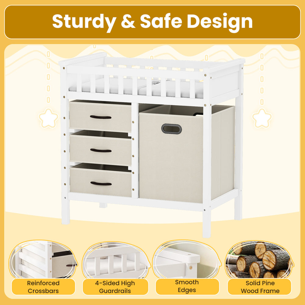 Wooden baby changing table with 3 beige fabric drawers, solid pine frame, and 4-sided guardrails for safety.