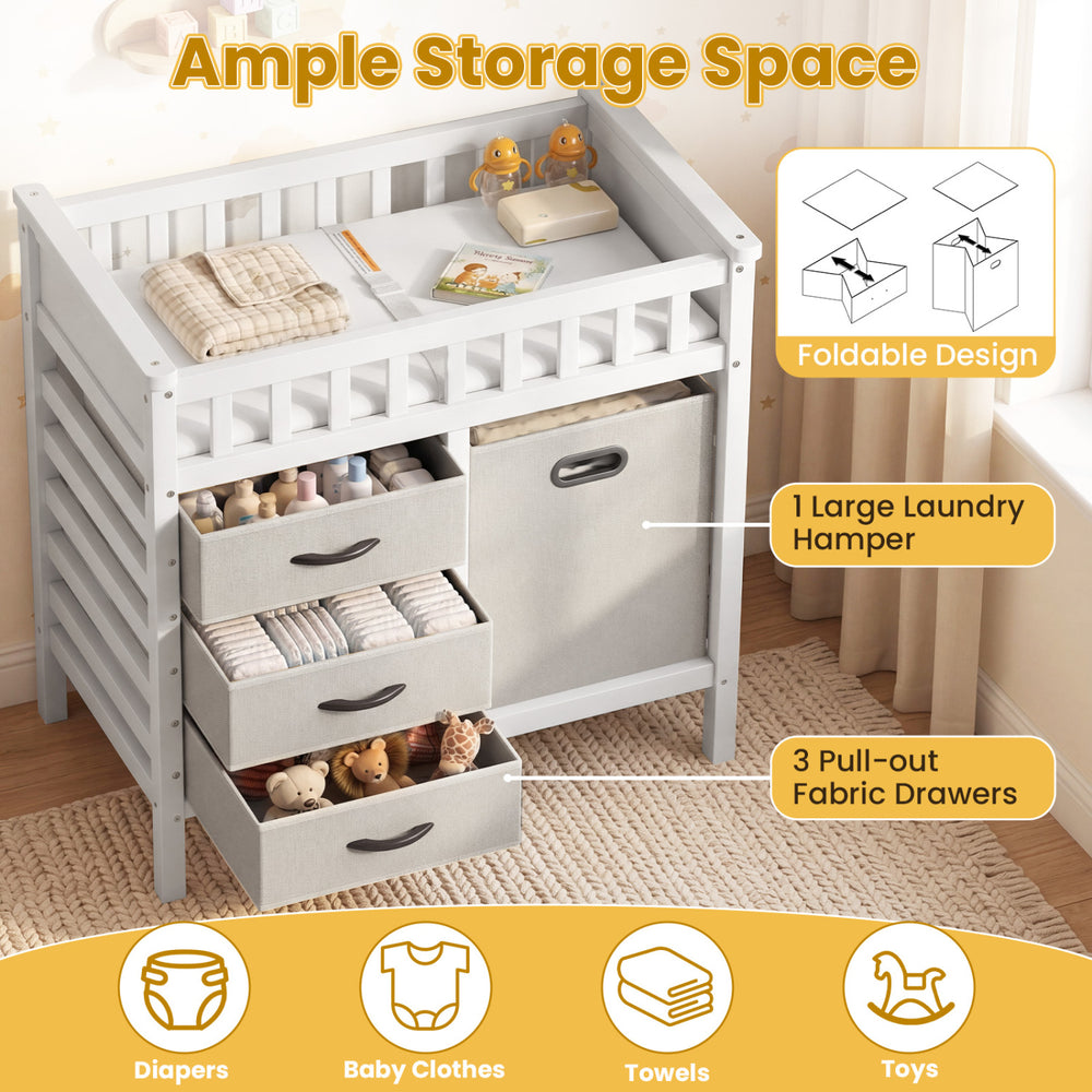 Wooden baby changing table in beige with 3 fabric drawers and a laundry hamper, ideal for organized diaper changes.