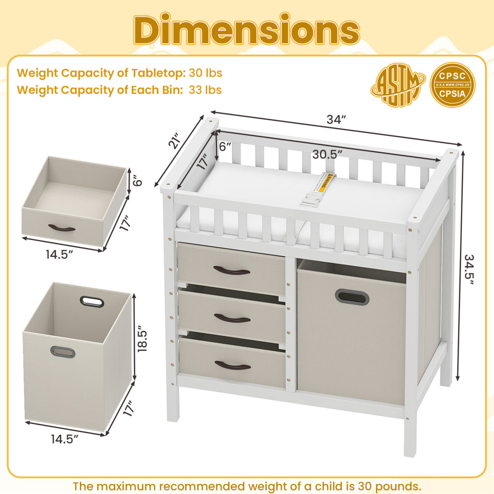 Wooden baby changing table dimensions showcasing solid pine frame, three beige fabric storage bins, and safety features.